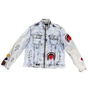 Makobi Men's 2XL Blue Denim Jacket‎ Acid Wash Distressed Casual Patches